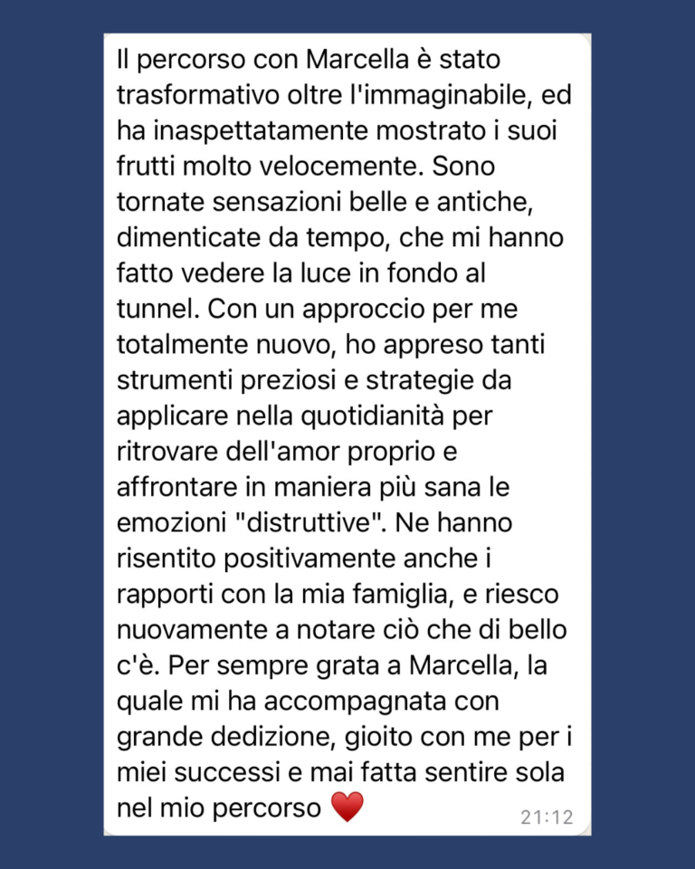 Screenshot testimonianza cliente percorso EOS – riscoperta di sé e trasformazione